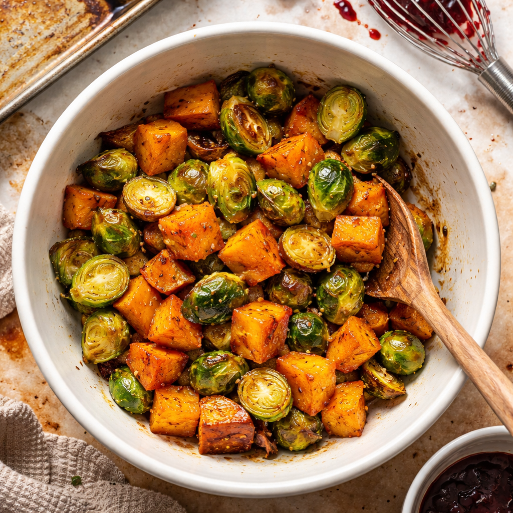 Cranberry glazed salad with roasted butternut squash, Brussels sprouts, and sweet potatoes
