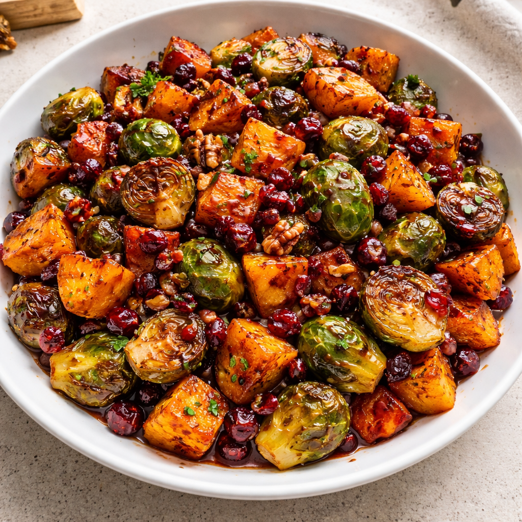 1735855495790-1eofsk8z Cranberry glazed salad with roasted butternut squash, Brussels sprouts, and sweet potatoes