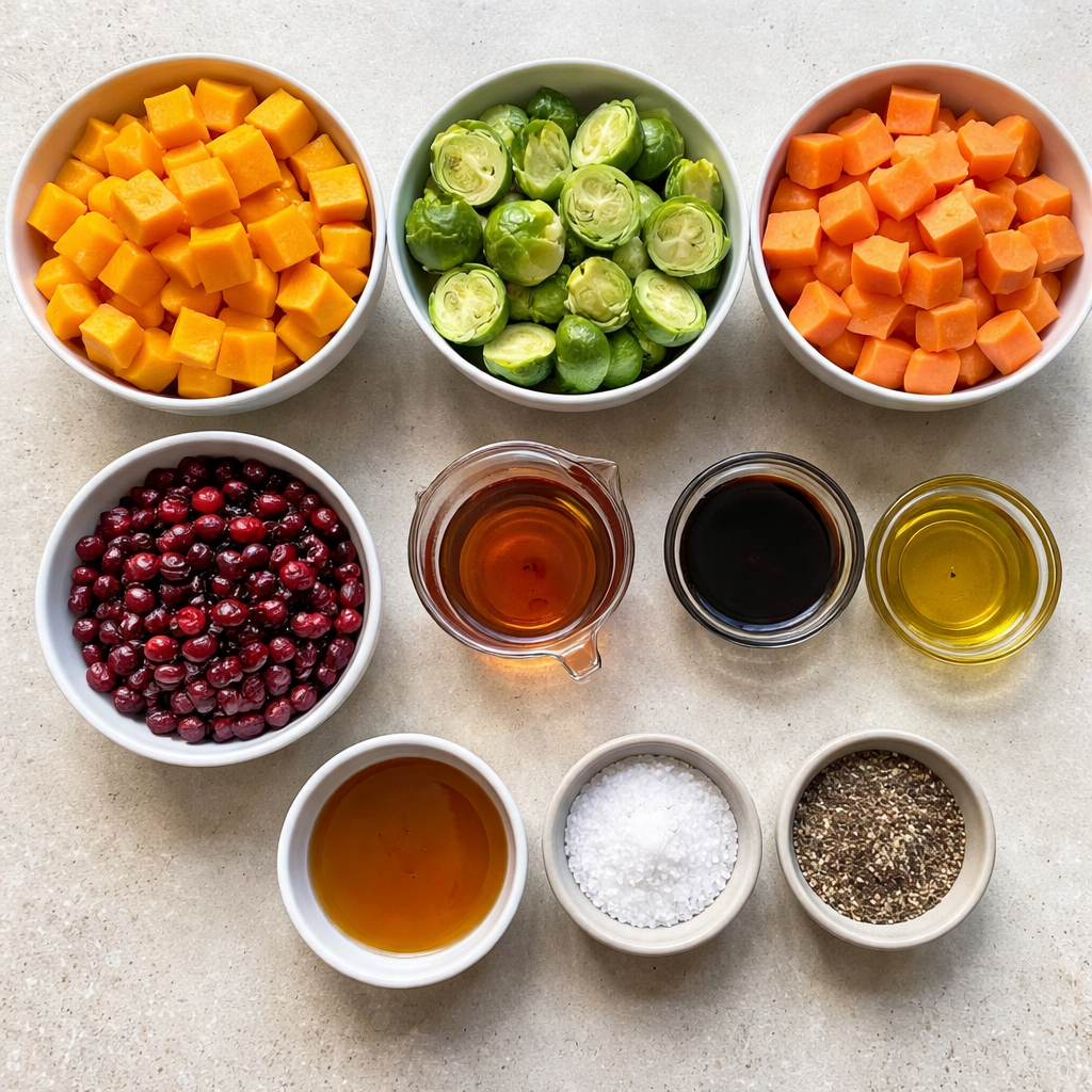 Cranberry glazed salad with roasted butternut squash, Brussels sprouts, and sweet potatoes