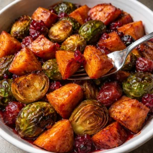 Cranberry glazed salad with roasted butternut squash, Brussels sprouts, and sweet potatoes