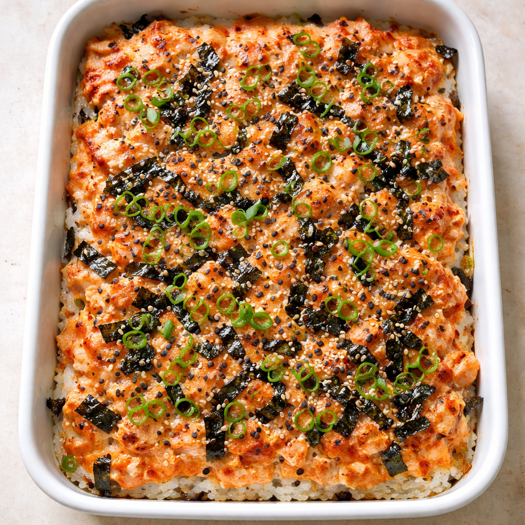 1735855495790-1eofsk8z Easy Spicy Salmon Sushi Bake prepared in a baking dish with fresh ingredients.