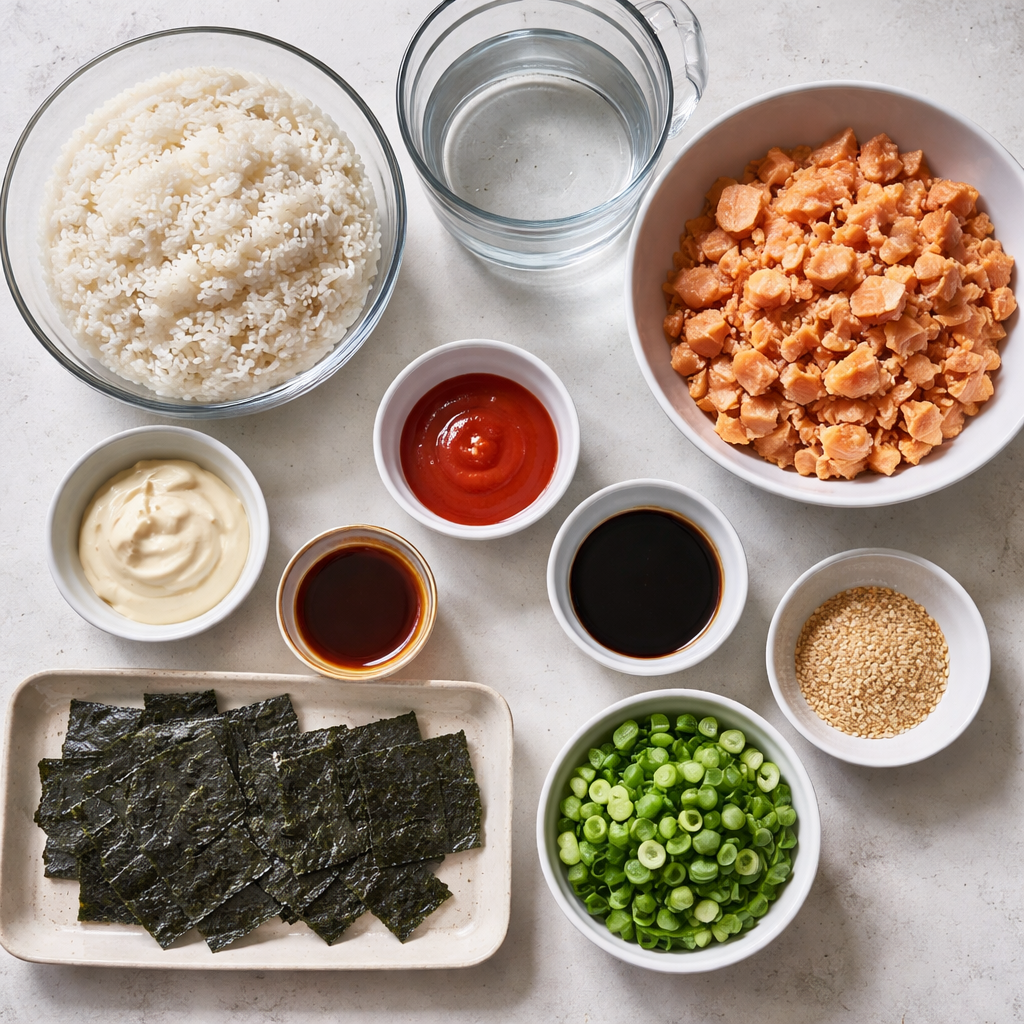 Easy Spicy Salmon Sushi Bake prepared in a baking dish with fresh ingredients.