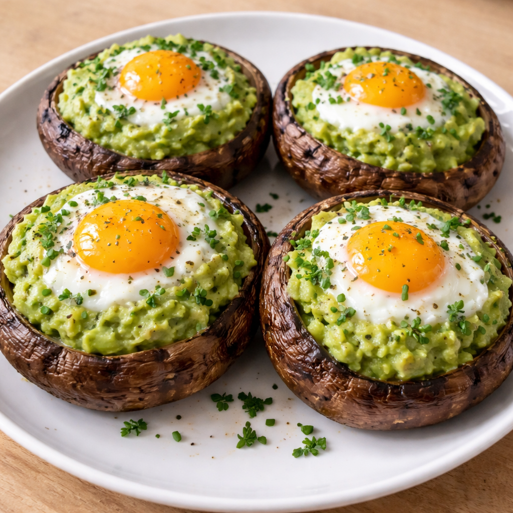 1735855495790-1eofsk8z Avocado egg stuffed Portobello mushrooms topped with herbs