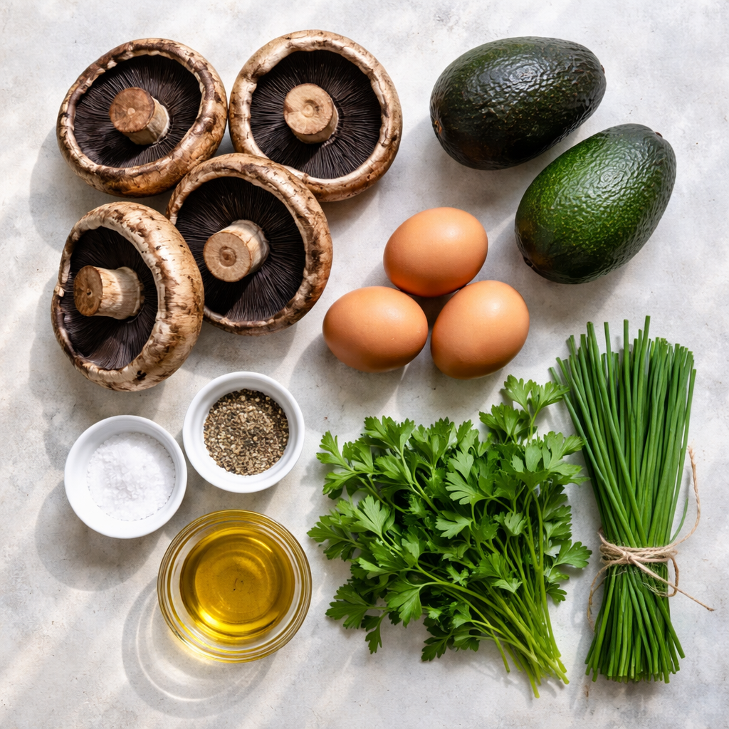 Avocado egg stuffed Portobello mushrooms topped with herbs