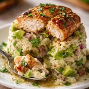 Delicious honey lime chicken served with avocado rice stack
