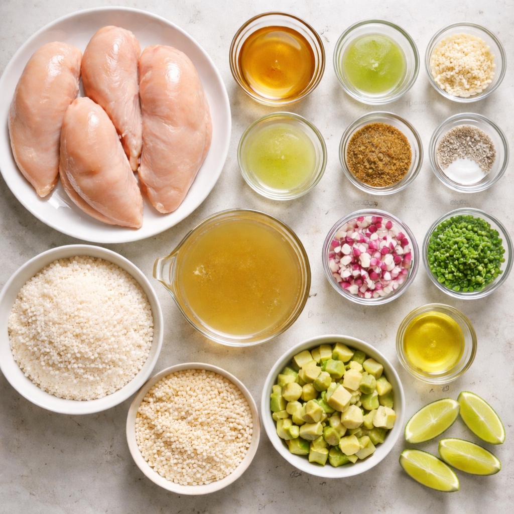 Delicious honey lime chicken served with avocado rice stack