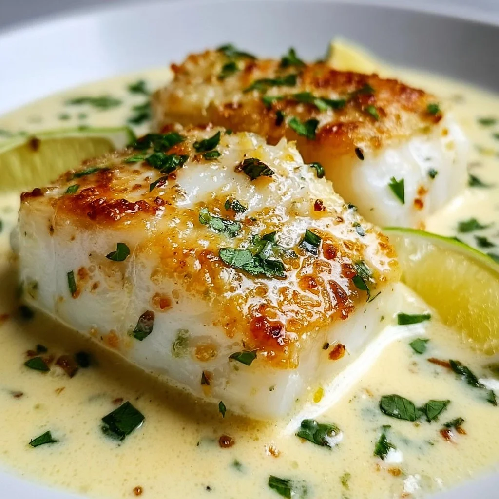 1735855500050-b33rq64b Baked cod served with coconut lemon cream sauce on a plate