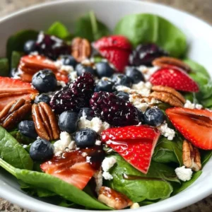 Berry spinach salad topped with pecans, feta cheese, and drizzled with balsamic glaze.