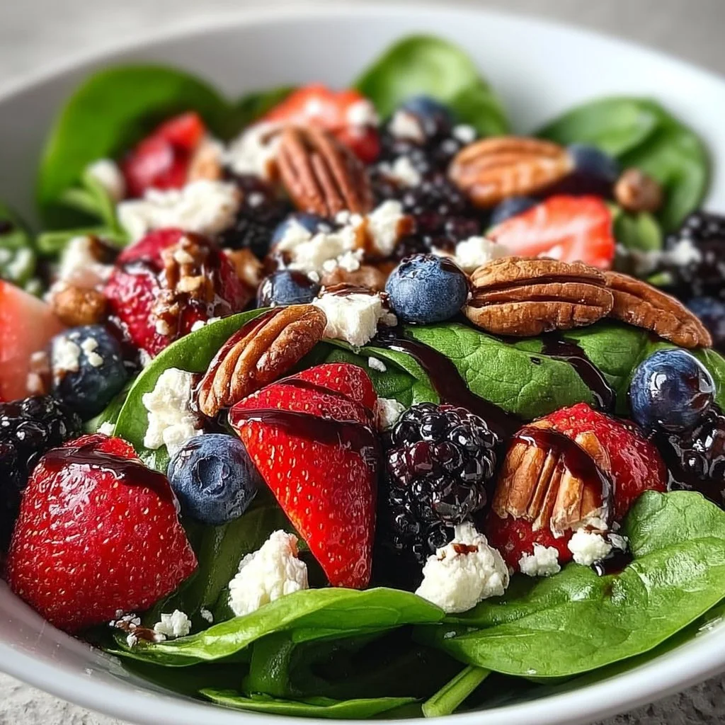 Berry Spinach Salad with Pecans, Feta, and Balsamic Glaze