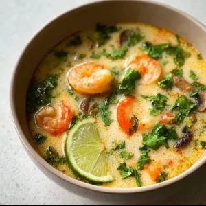Bowl of the best Thai Coconut Soup garnished with fresh herbs