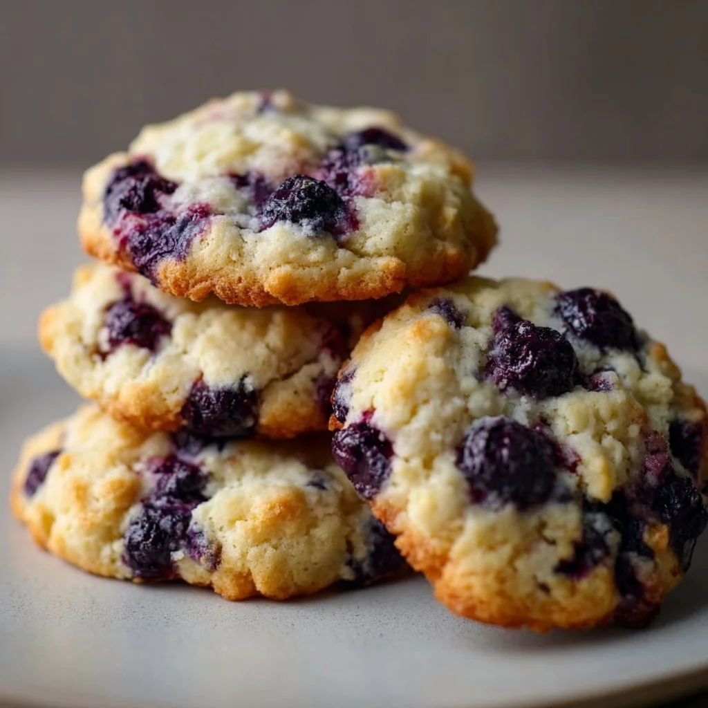 Freshly baked blueberry cheesecake cookies on a cooling rack