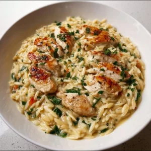 Boursin Orzo with Chicken dish garnished with herbs