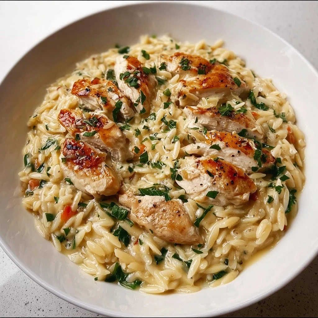 Boursin Orzo with Chicken dish garnished with herbs