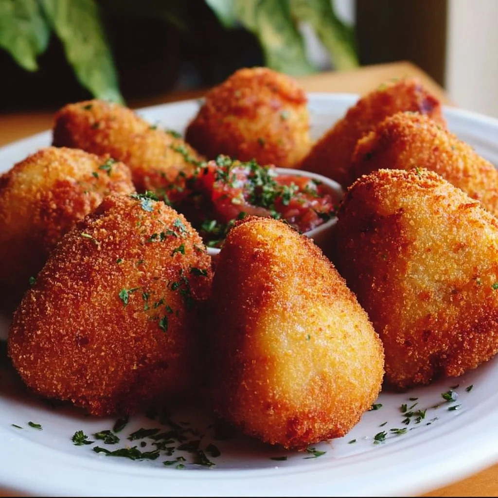 Plate of crispy Brazilian Chicken Croquettes garnished with herbs