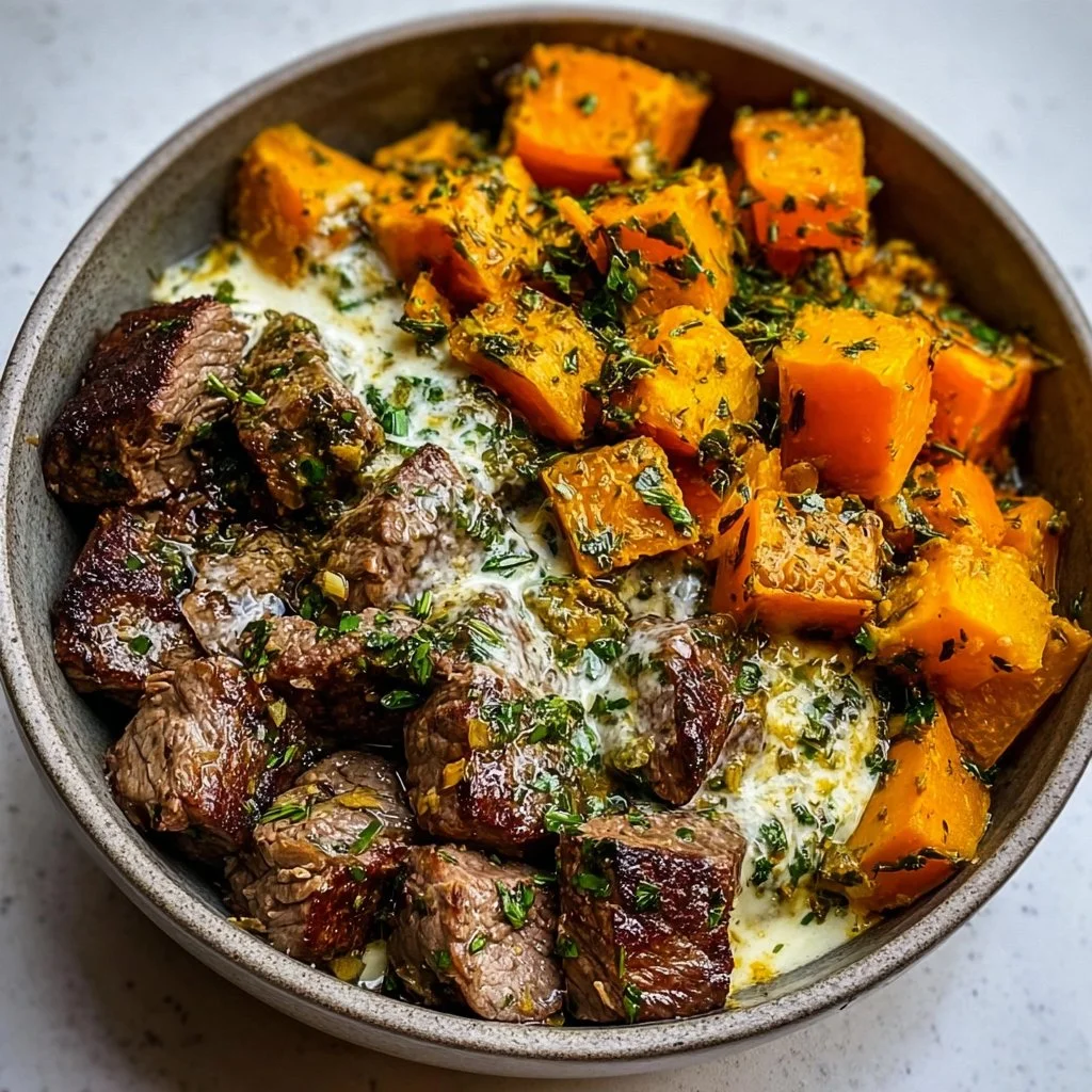 Butternut Squash and Garlic Herb Steak Bowl topped with fresh herbs