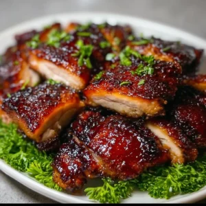 Deliciously marinated Char Siu Chicken served on a plate