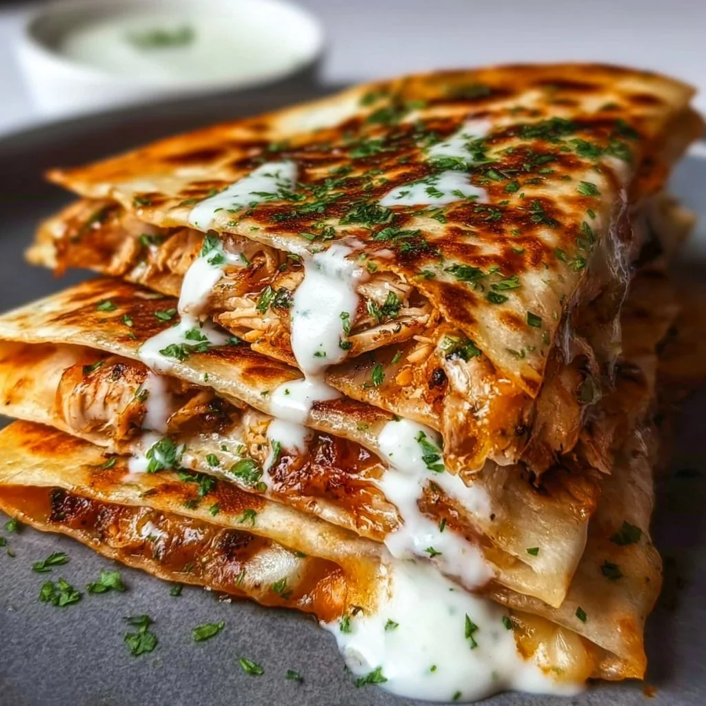Cheesy hot honey chicken quesadillas with spicy jalapeño cream sauce on a plate.