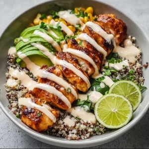 Chicken quinoa bowl with coconut lime drizzle, garnished with fresh vegetables