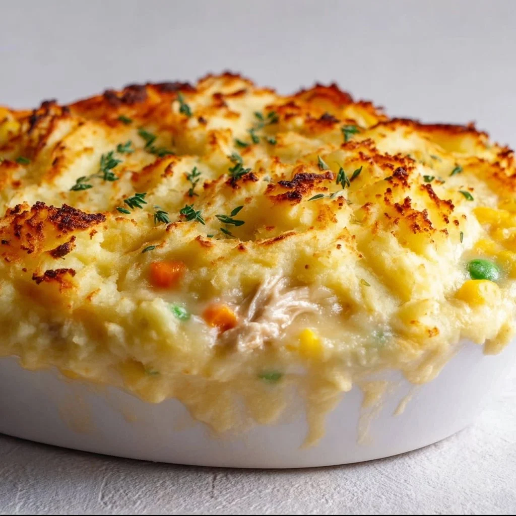 Delicious Chicken Shepherd's Pie with golden crust and creamy filling.