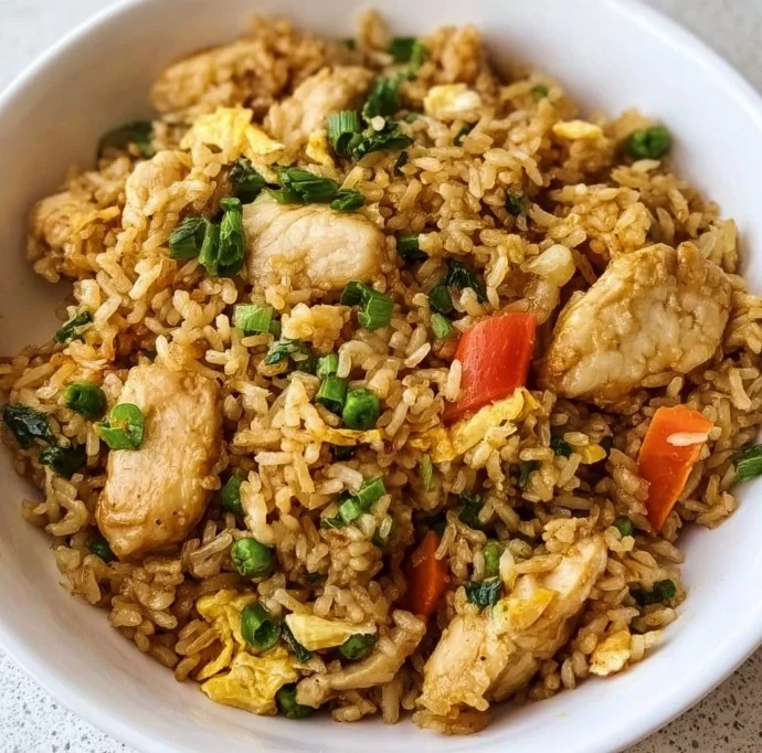 Plate of chicken stir fried rice garnished with vegetables