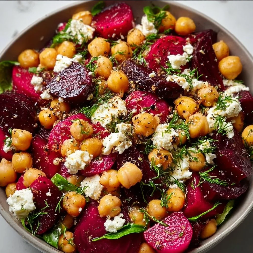 Chickpea, beet, and feta salad in a bowl, garnished with fresh herbs.