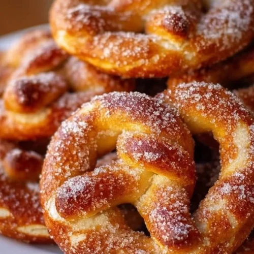 Cinnamon sugar soft pretzels freshly baked and dusted with sweet cinnamon sugar.