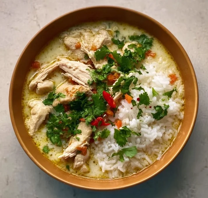 Bowl of Coconut Chicken Brothy Rice garnished with herbs and spices