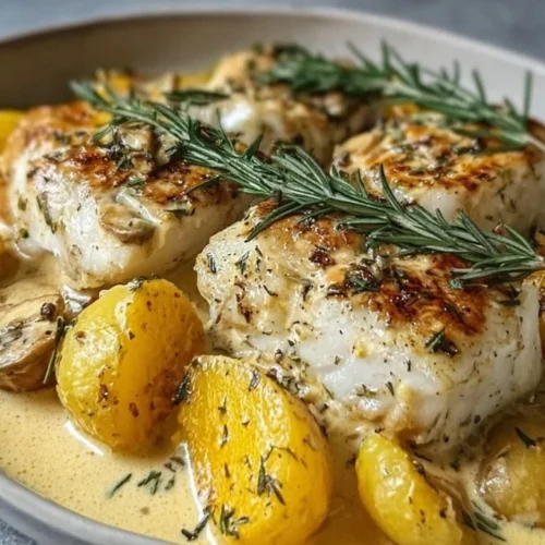 Plate of Cod & Potatoes in Rosemary Cream Sauce garnished with herbs