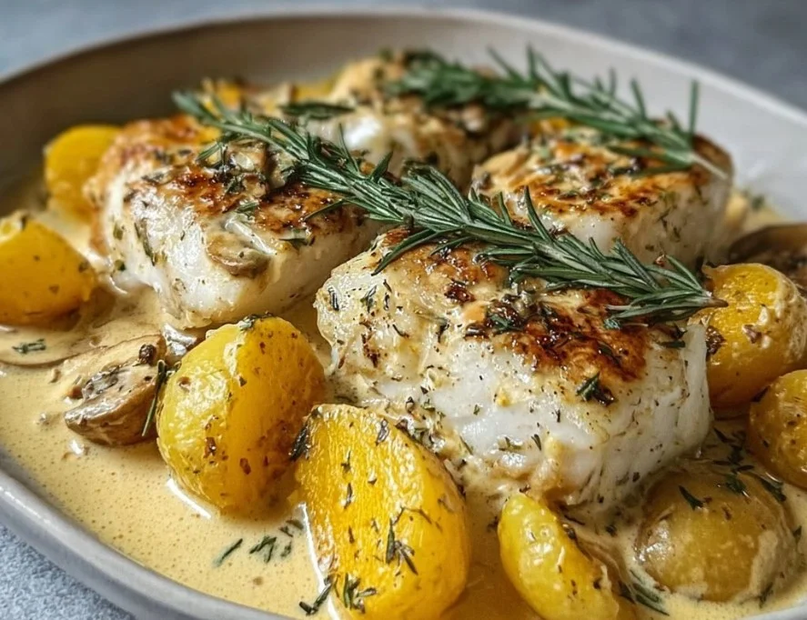 1735855500050-b33rq64b Plate of Cod & Potatoes in Rosemary Cream Sauce garnished with herbs