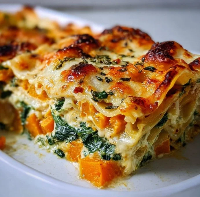 Comforting butternut squash and spinach lasagna baked to perfection