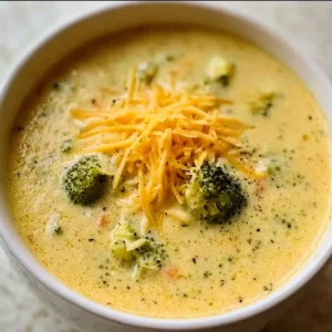 Bowl of creamy copycat Panera broccoli cheese soup garnished with cheese