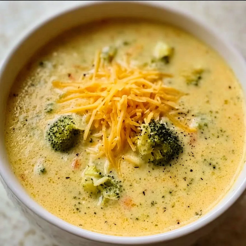 Bowl of creamy copycat Panera broccoli cheese soup garnished with cheese