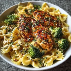 Cowboy Butter Lemon Bowtie Chicken recipe with broccoli and spices.