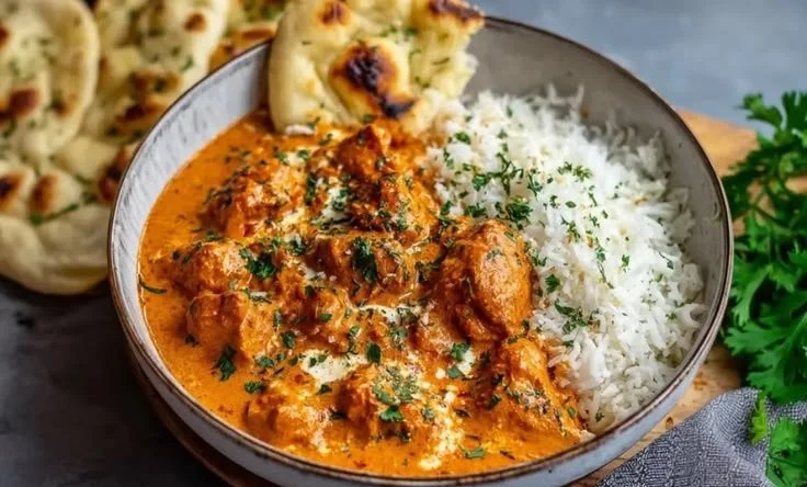 Cozy butter chicken dish with rice and naan