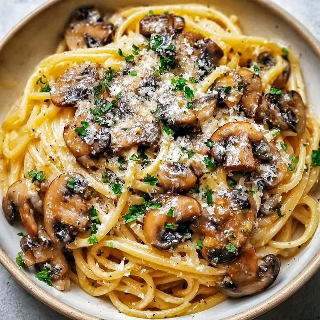 Delicious creamy brown butter mushroom pasta topped with herbs and cheese
