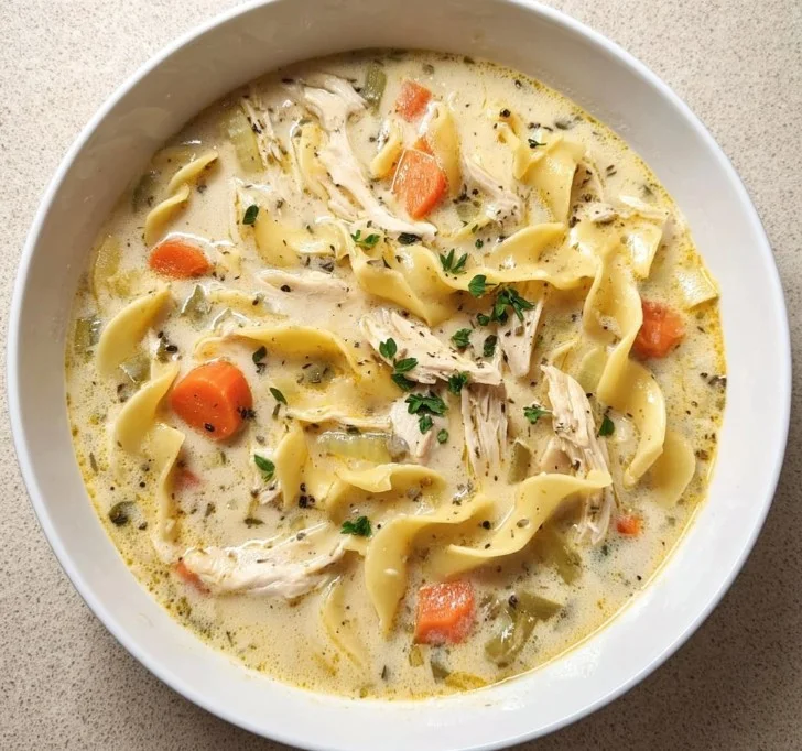 1735855500050-b33rq64b A bowl of creamy chicken noodle soup with vegetables and herbs