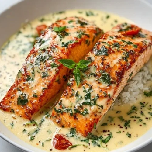 Creamy garlic salmon dish garnished with herbs and served on a plate