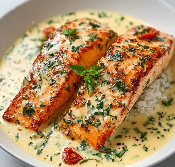 Creamy garlic salmon dish garnished with herbs and served on a plate