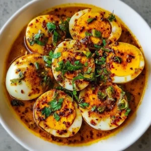 Creamy spicy egg curry served in a bowl with fragrant spices.
