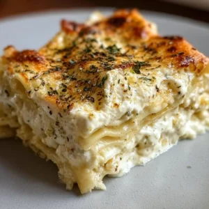 Creamy white lasagna with layers of cheese and sauce, garnished with herbs.