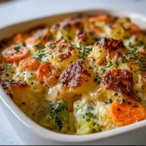 Creamy winter vegetable casserole with fresh vegetables and a rich sauce
