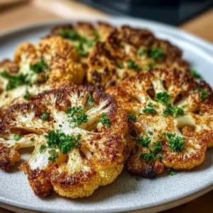 Crispy baked cauliflower steaks served on a plate with herbs and spices.