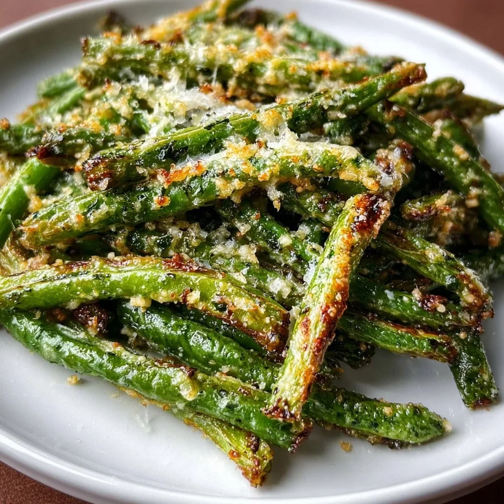Crispy garlic parmesan roasted green beans served on a plate
