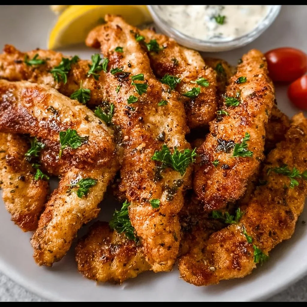Delicious crispy Greek chicken tenders served with lemon and herbs