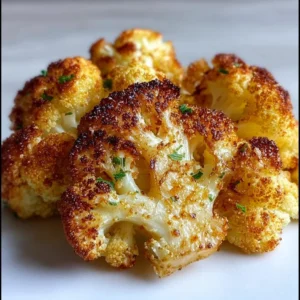 Crispy roasted cauliflower sprinkled with herbs and spices on a plate