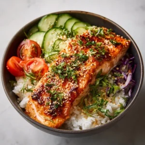 Crispy salmon and rice bowl topped with fresh vegetables and sauce