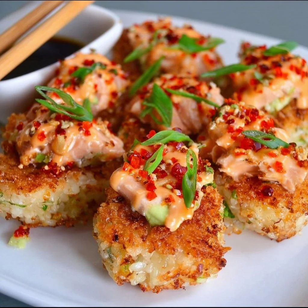 Deliciously crispy salmon rice bites served on a platter.