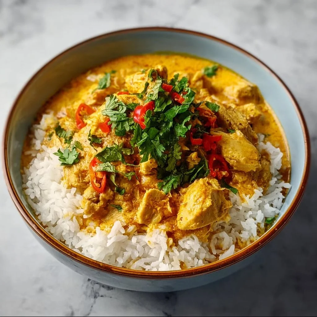 Crockpot Coconut Curry Chicken garnished with fresh herbs and served in a bowl.