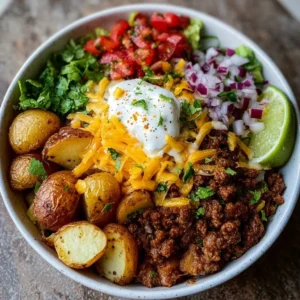 Delicious Loaded Potato Taco Bowl with toppings and ingredients arranged attractively