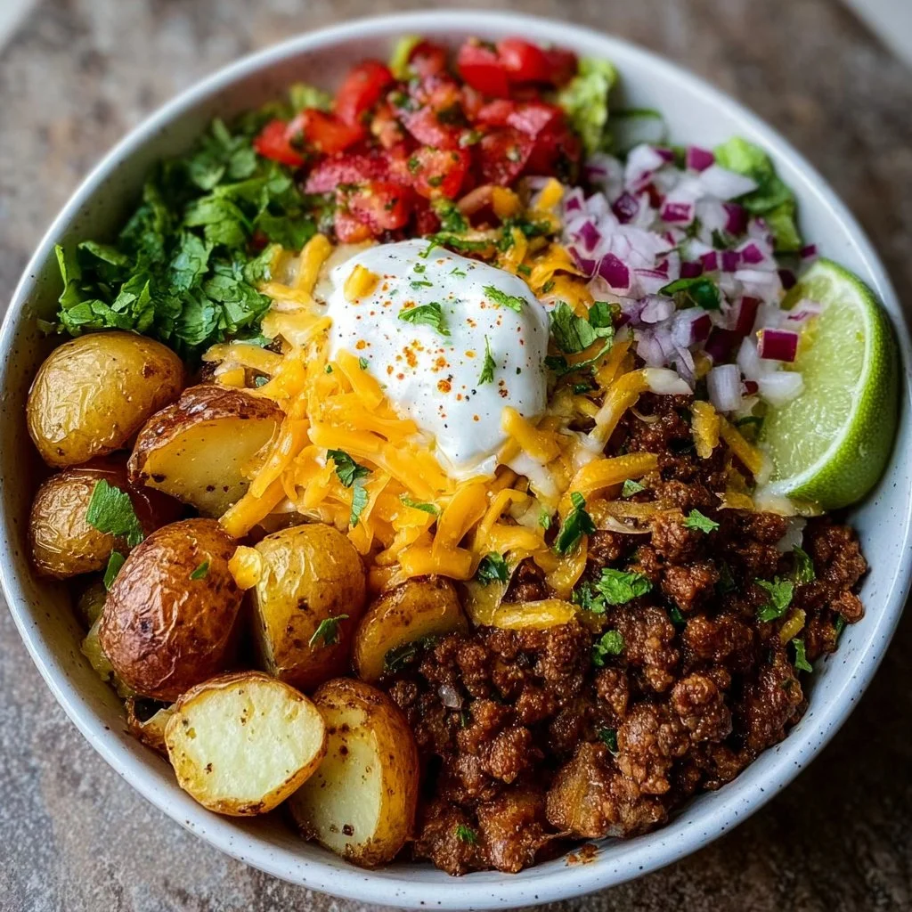 1735855500050-b33rq64b Delicious Loaded Potato Taco Bowl with toppings and ingredients arranged attractively